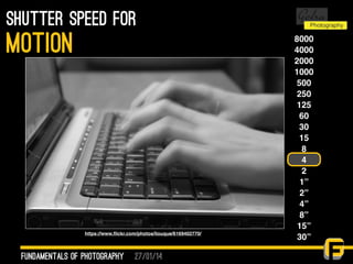27/01/14
shutter speed for
fundamentals of photography
motion 8000
4000
2000
1000
500
250
125
60
30
15
8
4
2
1”
2”
4”
8”
15”
30”
https://www.ﬂickr.com/photos/ilouque/6169402770/
 