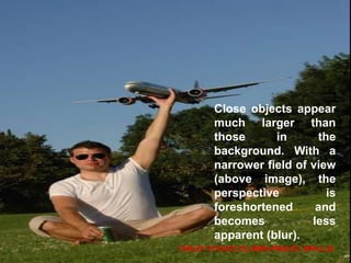 Close objects appear
much larger than
those in the
background. With a
narrower field of view
(above image), the
perspective is
foreshortened and
becomes less
apparent (blur).
CHELDY SYGACO ELUMBA-PABLEO, MPA;LLB
 
