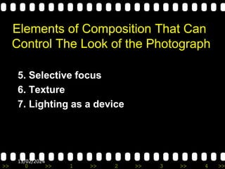>> 0 >> 1 >> 2 >> 3 >> 4 >>
13/02/2024
Elements of Composition That Can
Control The Look of the Photograph
5. Selective focus
6. Texture
7. Lighting as a device
 