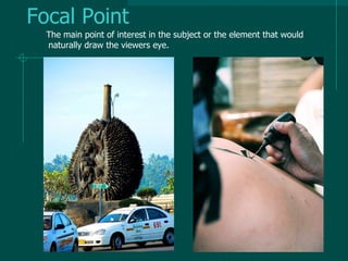 Focal Point
The main point of interest in the subject or the element that would
naturally draw the viewers eye.
 