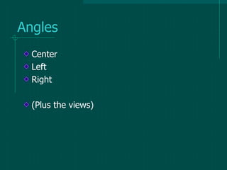 Angles
Center
Left
Right
(Plus the views)
 