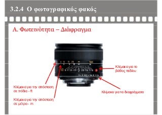 3.2.4 Ο φωτογραφικός φακόςφ γρ φ ς φ ς
Α. Φωτεινότητα – Διάφραγμα
Κλίμακα για το
βάθος πεδίου
Κλίμακα για την απόσταση
Κλίμακα για τα διαφράγματασε πόδια - ft
Κλίμακα για την απόσταση
σε μέτρα - m
 