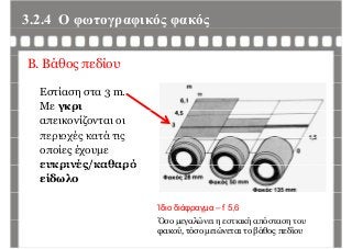 3.2.4 Ο φωτογραφικός φακόςφ γρ φ ς φ ς
Β. Βάθος πεδίου
Εστίαση στα 3 m.
Με γκριγ ρ
απεικονίζονται οι
περιοχές κατά τιςπεριοχές κατά τις
οποίες έχουμε
ευκρινές/καθαρόευκρινές/καθαρό
είδωλο
Ίδιο διάφραγμα – f 5,6
Όσο μεγαλώνει η εστιακή απόσταση τουΌσο μεγαλώνει η εστιακή απόσταση του
φακού, τόσο μειώνεται το βάθος πεδίου
 