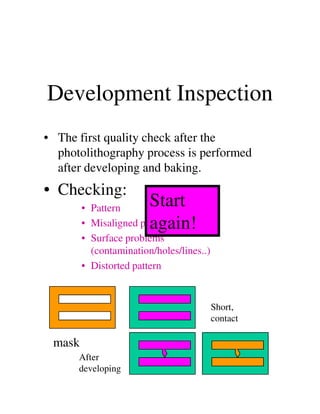 Development Inspection
• The first quality check after the
photolithography process is performed
after developing and baking.
• Checking:
• Pattern Start• Pattern
• Misaligned pattern
• Surface problems
(contamination/holes/lines..)
• Distorted pattern
Start
again!
After
developing
mask
Short,
contact
 