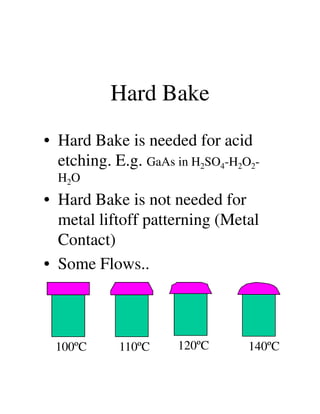 Hard Bake
• Hard Bake is needed for acid
etching. E.g. GaAs in H2SO4-H2O2-
H2O
• Hard Bake is not needed for• Hard Bake is not needed for
metal liftoff patterning (Metal
Contact)
• Some Flows..
100ºC 110ºC 120ºC 140ºC
 
