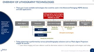 10
OVERVIEW OF LITHOGRAPHY TECHNOLOGIES
• There are 5 main available technologies that could be used in the Advanced Packaging, MEMS devices
and LED applications :
• Today, patterning is performed by various photolithography solutions such as: Mask aligner, Projection
stepper & scanner.
• Laser direct imaging and Laser ablation could be alternative solution to the lithography technologies used today
Patterning in
Advanced
Packaging is
required for
Via
formation,
bumping
process and
RDL
Lithography technologies
for Advanced Packaging,
MEMS & LEDs
Mask aligner Projection
Stepper
Scanner
Laser direct imaging Laser ablation NanoImprint
(NIL)
on production
on production
Ready for
production
Qualification on
FO WLP
Ready for production
Disruptive technologies
on production
©2015 | www.yole.fr | Photolithography for Adv. Packaging, MEMS and LEDs
 