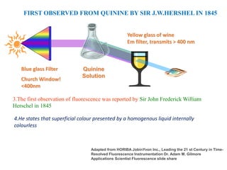 Blue glass Filter
Church Window!
<400nm
Quinine
Solution
Yellow glass of wine
Em filter, transmits > 400 nm
Adapted from HORIBA JobinYvon Inc., Leading the 21 st Century in Time-
Resolved Fluorescence Instrumentation Dr. Adam M. Gilmore
Applications Scientist Fluorescence slide share
FIRST OBSERVED FROM QUININE BY SIR J.W.HERSHEL IN 1845
3.The first observation of fluorescence was reported by Sir John Frederick William
Herschel in 1845
4.He states that superficial colour presented by a homogenous liquid internally
colourless
 