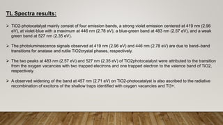 TL Spectra results:
 TiO2-photocatalyst mainly consist of four emission bands, a strong violet emission centered at 419 nm (2.96
eV), at violet-blue with a maximum at 446 nm (2.78 eV), a blue-green band at 483 nm (2.57 eV), and a weak
green band at 527 nm (2.35 eV).
 The photoluminescence signals observed at 419 nm (2.96 eV) and 446 nm (2.78 eV) are due to band–band
transitions for anatase and rutile TiO2crystal phases, respectively.
 The two peaks at 483 nm (2.57 eV) and 527 nm (2.35 eV) of TiO2photocatalyst were attributed to the transition
from the oxygen vacancies with two trapped electrons and one trapped electron to the valence band of TiO2,
respectively.
 A observed widening of the band at 457 nm (2.71 eV) on TiO2-photocatalyst is also ascribed to the radiative
recombination of excitons of the shallow traps identified with oxygen vacancies and Ti3+.
 