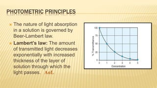 PHOTOMETRIC PRINCIPLES
 The nature of light absorption
in a solution is governed by
Beer-Lambert law.
 Lambert’s law: The amount
of transmitted light decreases
exponentially with increased
thickness of the layer of
solution through which the
light passes.
 