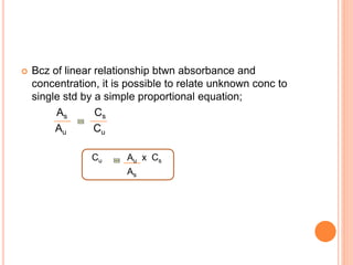  Bcz of linear relationship btwn absorbance and
concentration, it is possible to relate unknown conc to
single std by a simple proportional equation;
As Cs
Au Cu
Cu Au x Cs
As
 