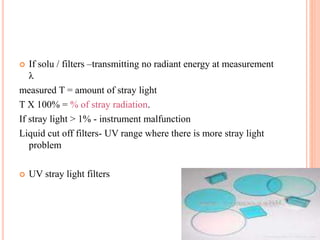  If solu / filters –transmitting no radiant energy at measurement
λ
measured T = amount of stray light
T X 100% = % of stray radiation.
If stray light > 1% - instrument malfunction
Liquid cut off filters- UV range where there is more stray light
problem
 UV stray light filters
 