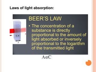 BEER’S LAW
• The concentration of a
substance is directly
proportional to the amount of
light absorbed or inversely
proportional to the logarithm
of the transmitted light
Laws of light absorption:
 