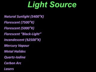 Light Source
Natural Sunlight (5400°K)
Florescent (7500°K)
Florescent (5000°K)
Florescent “Black-Light”
Incandescent (±2500°K)
Mercury Vapour
Metal Halides
Quartz-Iodine
Carbon Arc
Lasers
 