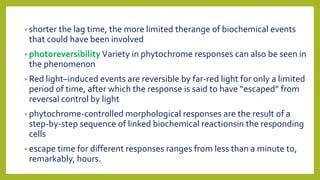 • shorter the lag time, the more limited therange of biochemical events
that could have been involved
• photoreversibility Variety in phytochrome responses can also be seen in
the phenomenon
• Red light–induced events are reversible by far-red light for only a limited
period of time, after which the response is said to have “escaped” from
reversal control by light
• phytochrome-controlled morphological responses are the result of a
step-by-step sequence of linked biochemical reactionsin the responding
cells
• escape time for different responses ranges from less than a minute to,
remarkably, hours.
 