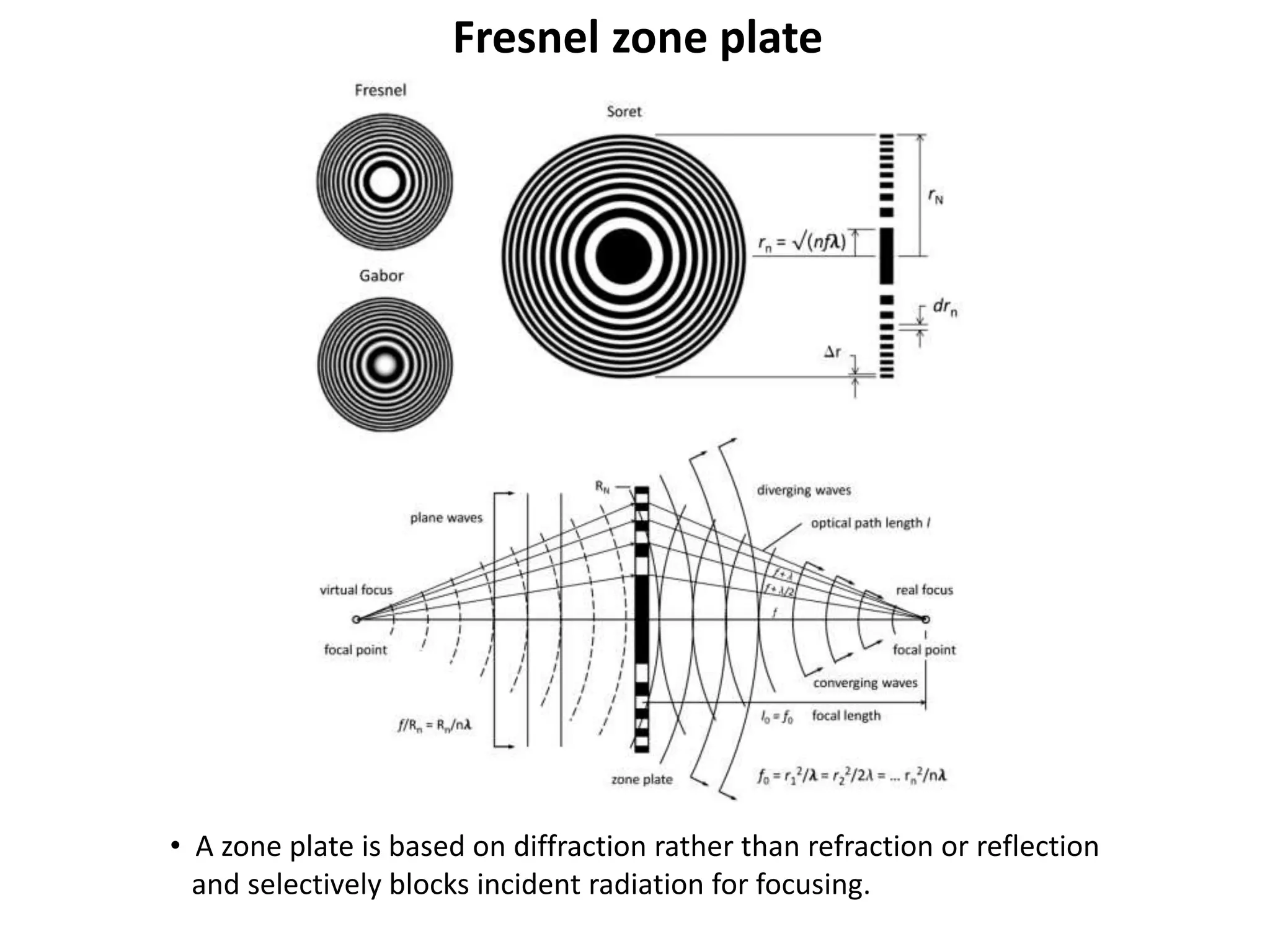 Fresnel zone plate
• A zone plate is based on diffraction rather than refraction or reflection
and selectively blocks incident radiation for focusing.
 