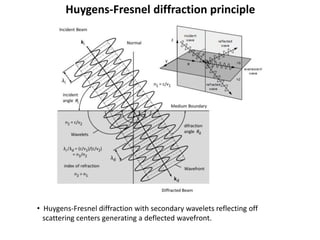 Huygens-Fresnel diffraction principle
• Huygens-Fresnel diffraction with secondary wavelets reflecting off
scattering centers generating a deflected wavefront.
 
