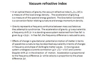 • In an optical theory of gravity, the vacuum refractive index KPV(r,w,M) is
a measure of the local energy density . The acceleration of gravity g
is a measure of the spectral energy gradient. The Gravitation Constant G
is a conversion factor relating curvature and energy-momentum density.
• Gravity represents a frequency arrthymia between mass oscillators as
they attempt to synchronize. The acceleration of gravity g is equivalent to
a frequency shift Dn in a standing wave system restrained from free fall is
given by g = 2cDn. In free fall, the frequency difference is reduced to
zero.
• Effects of change in gravitational potential on motion of matter in terms
of spacetime curvature may be described equivalently in terms of changes
in frequency and phase of de Broglie matter waves. A moving wave
system undergoes a Lorentz contraction g (= √(1 – v2/c2) and Lorentz-
Doppler shift Dl in the direction of motion. Acceleration is proportional
to the frequency difference Dn while velocity is proportion to the phase
difference Df.
Vacuum refractive index
 