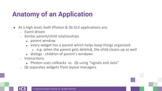 © Integrated Computer Solutions, Inc. All Rights Reserved
Anatomy of an Application
● At a high level, both Photon & Qt GUI applications are:
○ Event driven
○ Similar parent/child relationships
■ parent window
■ every widget has a parent which helps keep things organized
● e.g. when the parent gets deleted, the child cleans up as well
■ dialogs - children of parent’s windows
○ Interactions
■ Photon uses callbacks vs. Qt using “signals and slots”
○ Qt separates widgets from layout managers
 