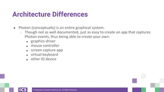© Integrated Computer Solutions, Inc. All Rights Reserved
Architecture Differences
● Photon (conceptually) is an entire graphical system:
○ Though not as well documented, just as easy to create an app that captures
Photon events, thus being able to create your own:
■ graphics driver
■ mouse controller
■ screen capture app
■ virtual keyboard
■ other IO device
 
