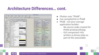 © Integrated Computer Solutions, Inc. All Rights Reserved
Architecture Differences… cont.
● Photon uses “PhAB”,
● Can compile/link in PhAB
● PhAB - not your average
application builder:
○ No source code created for
PhAB windows/dialog
○ GUI component info
written as binary data as
part of the executable
 