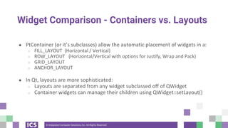 © Integrated Computer Solutions, Inc. All Rights Reserved
Widget Comparison - Containers vs. Layouts
● PtContainer (or it’s subclasses) allow the automatic placement of widgets in a:
○ FILL_LAYOUT (Horizontal / Vertical)
○ ROW_LAYOUT (Horizontal/Vertical with options for Justify, Wrap and Pack)
○ GRID_LAYOUT
○ ANCHOR_LAYOUT
● In Qt, layouts are more sophisticated:
○ Layouts are separated from any widget subclassed off of QWidget
○ Container widgets can manage their children using QWidget::setLayout()
 