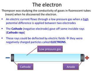 The electron Thompson was studying the conductivity of gases in fluorescent tubes (neon) when he discovered the electron. An electric current flows through a low pressure gas when a  high  potential difference is applied between two electrodes The  Cathode  (negative electrode) gave off some invisible rays ( Cathode rays ) These rays could be deflected by electric fields    they were negatively charged particles called  ELECTRONS . Anode Cathode Low pressure gas 