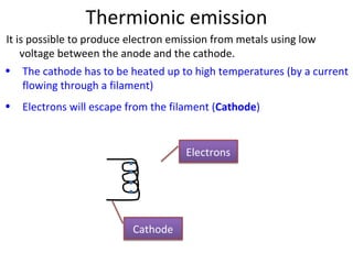 Thermionic emission It is possible to produce electron emission from metals using low voltage between the anode and the cathode.  The cathode has to be heated up to high temperatures (by a current flowing through a filament) Electrons will escape from the filament ( Cathode ) Cathode Electrons 