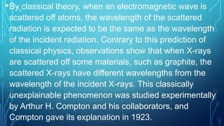•By classical theory, when an electromagnetic wave is
scattered off atoms, the wavelength of the scattered
radiation is expected to be the same as the wavelength
of the incident radiation. Contrary to this prediction of
classical physics, observations show that when X-rays
are scattered off some materials, such as graphite, the
scattered X-rays have different wavelengths from the
wavelength of the incident X-rays. This classically
unexplainable phenomenon was studied experimentally
by Arthur H. Compton and his collaborators, and
Compton gave its explanation in 1923.
 