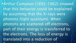 •Arthur Compton (1892–1962) showed
that this behavior could be explained
by assuming that the X-rays were
photons (light quantum). When
photons are scattered off electrons,
part of their energy is transferred to
the electrons. The loss of energy is
translated into a reduction of
 