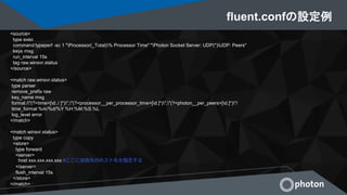fluent.confの設定例
<source>
type exec
command typeperf -sc 1 "Processor(_Total)% Processor Time" "Photon Socket Server: UDP(*)UDP: Peers"
keys msg
run_interval 15s
tag raw.winsvr.status
</source>
<match raw.winsvr.status>
type parser
remove_prefix raw
key_name msg
format /"(?<time>[d:./ ]*)","(?<processor__per_processor_time>[d.]*)","(?<photon__per_peers>[d.]*)"/
time_format %m/%d/%Y %H:%M:%S.%L
log_level error
</match>
<match winsvr.status>
type copy
<store>
type forward
<server>
host xxx.xxx.xxx.xxx #ここに送信先のホスト名を指定する
</server>
flush_interval 15s
</store>
</match>
 