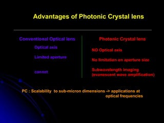 Conventional Optical lens   Photonic Crystal lens Advantages of Photonic Crystal lens Optical axis Limited aperture cannot NO Optical axis No limitation on aperture size Subwavelength imaging (evanescent wave amplification) PC : Scalability  to sub-micron dimensions -> applications at  optical frequencies 