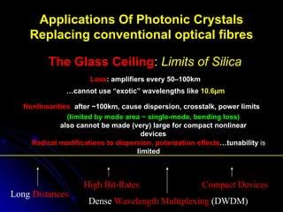 Applications Of Photonic Crystals Replacing conventional optical fibres The Glass Ceiling :  Limits of Silica Loss : amplifiers every 50–100km … cannot use “exotic” wavelengths like  10.6µm Nonlinearities :  after ~100km, cause dispersion, crosstalk, power limits (limited by mode area ~ single-mode, bending loss) also cannot be made (very) large for compact nonlinear devices Radical modifications to dispersion, polarization effects …tunability  is  limited Long  Distances High Bit-Rates Dense  Wavelength Multiplexing   (DWDM) Compact Devices 