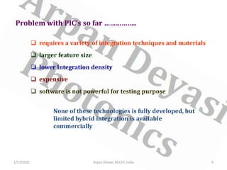 Problem with PIC’s so far ……………..
 requires a variety of integration techniques and materials
 larger feature size
 lower Integration density
 expensive
 software is not powerful for testing purpose
None of these technologies is fully developed, but
limited hybrid integration is available
commercially
1/27/2021 9
Arpan Deyasi, RCCIIT, India
 