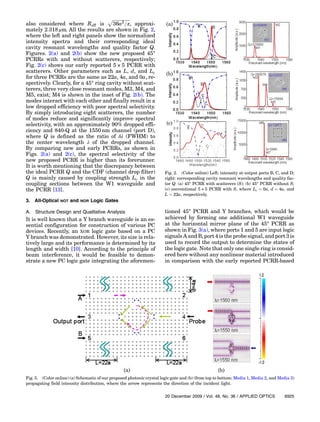 also considered where Reff is
ﬃﬃﬃﬃﬃﬃﬃﬃﬃﬃﬃﬃﬃﬃﬃﬃ
36a2
=π
p
, approxi-
mately 2:318 μm. All the results are shown in Fig. 2,
where the left and right panels show the normalized
intensity spectra and their corresponding ideal
cavity resonant wavelengths and quality factor Q.
Figures. 2(a) and 2(b) show the new proposed 45°
PCRRs with and without scatterers, respectively;
Fig. 2(c) shows our early reported 5 × 5 PCRR with
scatterers. Other parameters such as L, d, and Lc
for three PCRRs are the same as 22a, 4a, and 0a, re-
spectively. Clearly, for a 45° ring cavity without scat-
terers, three very close resonant modes, M3, M4, and
M5, exist; M4 is shown in the inset of Fig. 2(b). The
modes interact with each other and finally result in a
low dropped efficiency with poor spectral selectivity.
By simply introducing eight scatterers, the number
of modes reduce and significantly improve spectral
selectivity, with an approximately 90% dropped effi-
ciency and 840-Q at the 1550 nm channel (port D),
where Q is defined as the ratio of δλ (FWHM) to
the center wavelength λ of the dropped channel.
By comparing new and early PCRRs, as shown in
Figs. 2(a) and 2(c), the spectral selectivity of the
new proposed PCRR is higher than its forerunner.
It is worth mentioning that the discrepancy between
the ideal PCRR Q and the CDF (channel drop filter)
Q is mainly caused by coupling strength Lc in the
coupling sections between the W1 waveguide and
the PCRR [13].
3. All-Optical NOT and NOR Logic Gates
A. Structure Design and Qualitative Analysis
It is well known that a Y branch waveguide is an es-
sential configuration for construction of various PC
devices. Recently, an XOR logic gate based on a PC
Y branch was demonstrated. However, its size is rela-
tively large and its performance is determined by its
length and width [10]. According to the principle of
beam interference, it would be feasible to demon-
strate a new PC logic gate integrating the aforemen-
tioned 45° PCRR and Y branches, which would be
achieved by forming one additional W1 waveguide
at the horizontal mirror plane of the 45° PCRR as
shown in Fig. 3(a), where ports 1 and 5 are input logic
signals A and B, port 4 is the probe signal, and port 3 is
used to record the output to determine the states of
the logic gate. Note that only one single ring is consid-
ered here without any nonlinear material introduced
in comparison with the early reported PCRR-based
Fig. 2. (Color online) Left: intensity at output ports B, C, and D;
right: corresponding cavity resonant wavelengths and quality fac-
tor Q: (a) 45° PCRR with scatterers (S); (b) 45° PCRR without S;
(c) conventional 5 × 5 PCRR with S, where Lc ¼ 0a, d ¼ 4a, and
L ¼ 22a, respectively.
Fig. 3. (Color online) (a) Schematic of our proposed photonic crystal logic gate and (b) (from top to bottom: Media 1, Media 2, and Media 3)
propagating field intensity distribution, where the arrow represents the direction of the incident light.
20 December 2009 / Vol. 48, No. 36 / APPLIED OPTICS 6925
 