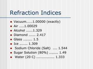 Refraction Indices
 Vacuum…….1.00000 (exactly)
 Air ……1.00029
 Alcohol ......1.329
 Diamond ...... 2.417
 Glass ........ 1.5
 Ice ....... 1.309
 Sodium Chloride (Salt) .... 1.544
 Sugar Solution (80%) ........ 1.49
 Water (20 C) ................ 1.333
 