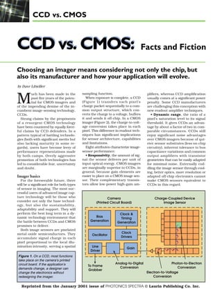 CCD vs. CMOS

CCD vs. CMOS:

Facts and Fiction

Choosing an imager means considering not only the chip, but
also its manufacturer and how your application will evolve.
by Dave Litwiller

M

uch has been made in the
past five years of the potential for CMOS imagers and
of the impending demise of the incumbent image-sensing technology,
CCDs.
Strong claims by the proponents
of a resurgent CMOS technology
have been countered by equally forceful claims by CCD defenders. In a
pattern typical of battling technologies (both with significant merits but
also lacking maturity in some regards), users have become leery of
performance representations made
by both camps. Overly aggressive
promotion of both technologies has
led to considerable fear, uncertainty
and doubt.

Imager basics
For the foreseeable future, there
will be a significant role for both types
of sensor in imaging. The most successful users of advanced image capture technology will be those who
consider not only the base technology, but also the sustainability,
adaptability and support. They will
perform the best long term in a dynamic technology environment that
the battle between CCDs and CMOS
promises to deliver.
Both image sensors are pixelated
metal oxide semiconductors. They
accumulate signal charge in each
pixel proportional to the local illumination intensity, serving a spatial

Figure 1. On a CCD, most functions
take place on the camera’s printed
circuit board. If the application’s
demands change, a designer can
change the electronics without
redesigning the imager.

sampling function.
When exposure is complete, a CCD
(Figure 1) transfers each pixel’s
charge packet sequentially to a common output structure, which converts the charge to a voltage, buffers
it and sends it off-chip. In a CMOS
imager (Figure 2), the charge-to-voltage conversion takes place in each
pixel. This difference in readout techniques has significant implications
for sensor architecture, capabilities
and limitations.
Eight attributes characterize imagesensor performance:
• Responsivity, the amount of signal the sensor delivers per unit of
input optical energy. CMOS imagers
are marginally superior to CCDs, in
general, because gain elements are
easier to place on a CMOS image sensor. Their complementary transistors allow low-power high-gain am-

Camera
(Printed Circuit Board)

Bias
Generation

Charge-Coupled Device
Image Sensor

Clock &
Timing
Generation

Oscillator

plifiers, whereas CCD amplification
usually comes at a significant power
penalty. Some CCD manufacturers
are challenging this conception with
new readout amplifier techniques.
• Dynamic range, the ratio of a
pixel’s saturation level to its signal
threshold. It gives CCDs an advantage by about a factor of two in comparable circumstances. CCDs still
enjoy significant noise advantages
over CMOS imagers because of quieter sensor substrates (less on-chip
circuitry), inherent tolerance to bus
capacitance variations and common
output amplifiers with transistor
geometries that can be easily adapted
for minimal noise. Externally coddling the image sensor through cooling, better optics, more resolution or
adapted off-chip electronics cannot
make CMOS sensors equivalent to
CCDs in this regard.

Clock
Drivers

Line
Driver

To Frame
Grabber

Gain

Analog-to-Digital
Conversion

Photon-to-Electron
Conversion
Electron-to-Voltage
Conversion

Reprinted from the January 2001 issue of PHOTONICS SPECTRA © Laurin Publishing Co. Inc.

 