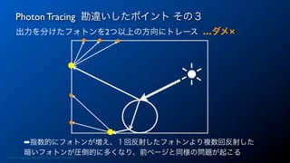 Photon Tracing 勘違いしたポイント その３
18
出力を分けたフォトンを2つ以上の方向にトレース …ダメ×
➡指数的にフォトンが増え、１回反射したフォトンより複数回反射した
暗いフォトンが圧倒的に多くなり、前ページと同様の問題が起こる
Photon Mapping. RENERING1H CAMP 2013/8/24
 