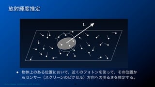 放射輝度推定
24
• 物体上のある位置において、近くのフォトンを使って、その位置か
らセンサー（スクリーンのピクセル）方向への明るさを推定する。
Photon Mapping. RENERING1H CAMP 2013/8/24
 