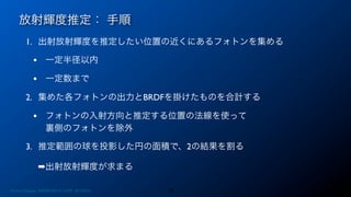 放射輝度推定： 手順
25
1. 出射放射輝度を推定したい位置の近くにあるフォトンを集める
• 一定半径以内
• 一定数まで
2. 集めた各フォトンの出力とBRDFを掛けたものを合計する
• フォトンの入射方向と推定する位置の法線を使って
裏側のフォトンを除外
3. 推定範囲の球を投影した円の面積で、2の結果を割る
➡出射放射輝度が求まる
Photon Mapping. RENERING1H CAMP 2013/8/24
 