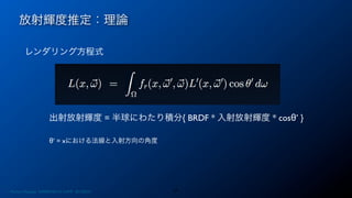 レンダリング方程式
出射放射輝度 = 半球にわたり積分{ BRDF * 入射放射輝度 * cosθ’ }
θ’ = xにおける法線と入射方向の角度
放射輝度推定：理論
27Photon Mapping. RENERING1H CAMP 2013/8/24
 