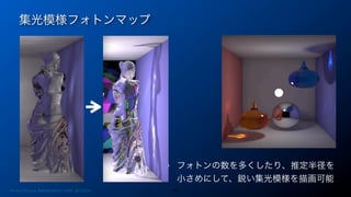 集光模様フォトンマップ
41
• フォトンの数を多くしたり、推定半径を
小さめにして、鋭い集光模様を描画可能
Photon Mapping. RENERING1H CAMP 2013/8/24
 