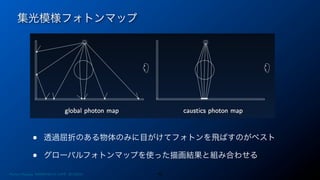 集光模様フォトンマップ
42
• 透過屈折のある物体のみに目がけてフォトンを飛ばすのがベスト
• グローバルフォトンマップを使った描画結果と組み合わせる
Photon Mapping. RENERING1H CAMP 2013/8/24
 
