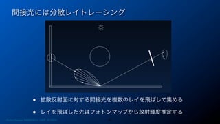 間接光には分散レイトレーシング
43
• 拡散反射面に対する間接光を複数のレイを飛ばして集める
• レイを飛ばした先はフォトンマップから放射輝度推定する
Photon Mapping. RENERING1H CAMP 2013/8/24
 
