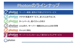 Photonのラインナップ
サーバー構築・運用が不要なクラウドサービス
クラウド系基本サービス、迷ったらまずはこれ
ターンベース、低トラフィック向け
Unity向け、サーバー・機能はRealtimeと全く同等
チャットに特化
サーバーにインストールして使うミドルウェアサービス
10
 