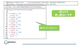 73
1 string LevelToMatchRank(int level)
2 {
3 if (level <= 20)
4 return "E";
5 if (level <= 40)
6 return "D";
7 if (level <= 60)
8 return "C";
9 if (level <= 80)
10 return "B";
11 if (level <= 99)
12 return "A";
13 if (level == 100)
14 return "S";
15 return "";
16 }
1 rank = this.LevelToMatchRank((int)levelValue);
1 GUILayout.Label("レベル: " + ((int)levelValue).ToString(), GUILayout.Width(80));
2 levelValue = GUILayout.HorizontalSlider(levelValue, 0.0f, 100.0f);
旧GUIで
申し訳ないです
適当にランクをセット
 