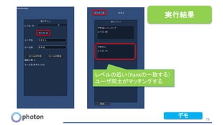 78
実行結果
デモ
レベルの近い（Rankの一致する）
ユーザ同士がマッチングする
 