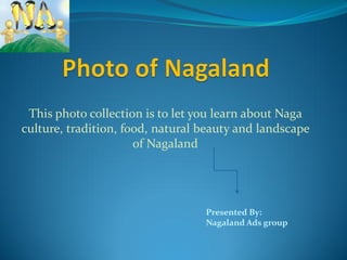 This photo collection is to let you learn about Naga
culture, tradition, food, natural beauty and landscape
                      of Nagaland




                                  Presented By:
                                  Nagaland Ads group
 