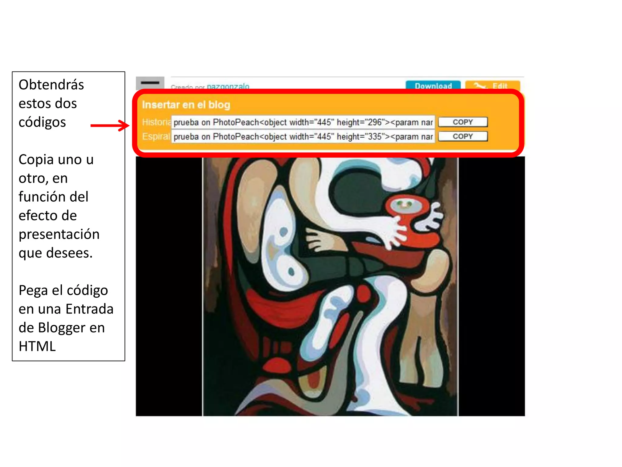 Obtendrás
estos dos
códigos

Copia uno u
otro, en
función del
efecto de
presentación
que desees.

Pega el código
en una Entrada
de Blogger en
HTML
 