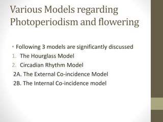 Various Models regarding
Photoperiodism and flowering
• Following 3 models are significantly discussed
1. The Hourglass Model
2. Circadian Rhythm Model
2A. The External Co-incidence Model
2B. The Internal Co-incidence model
 