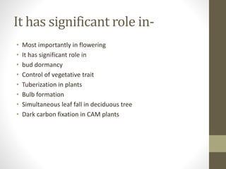 It has significant role in-
• Most importantly in flowering
• It has significant role in
• bud dormancy
• Control of vegetative trait
• Tuberization in plants
• Bulb formation
• Simultaneous leaf fall in deciduous tree
• Dark carbon fixation in CAM plants
 